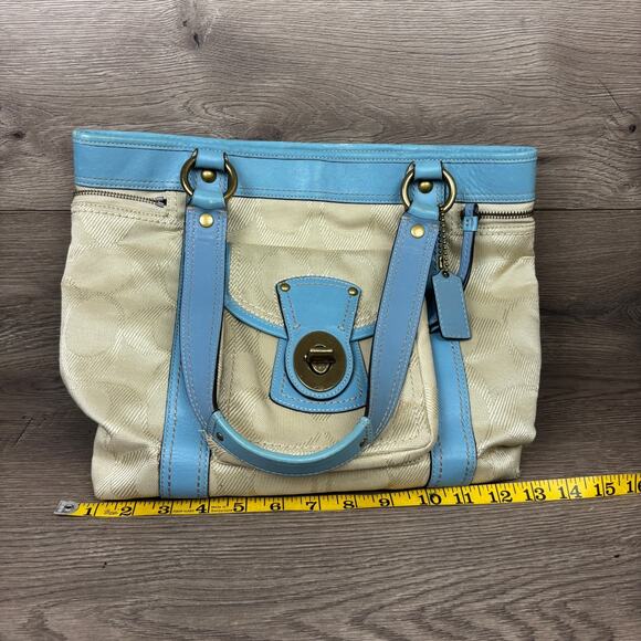 Coach Work Tote Bag K0893-F13103 Khaki Blue Leather Trim Turnlock Front Pocket - Picture 12 of 15